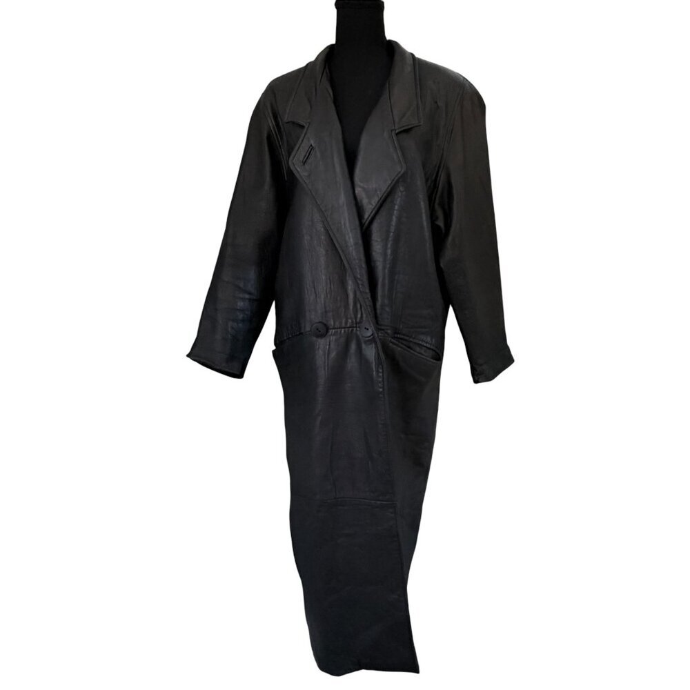 Vintage 80s CASSIDY Black Leather Double Breasted Long Trench Coat Small